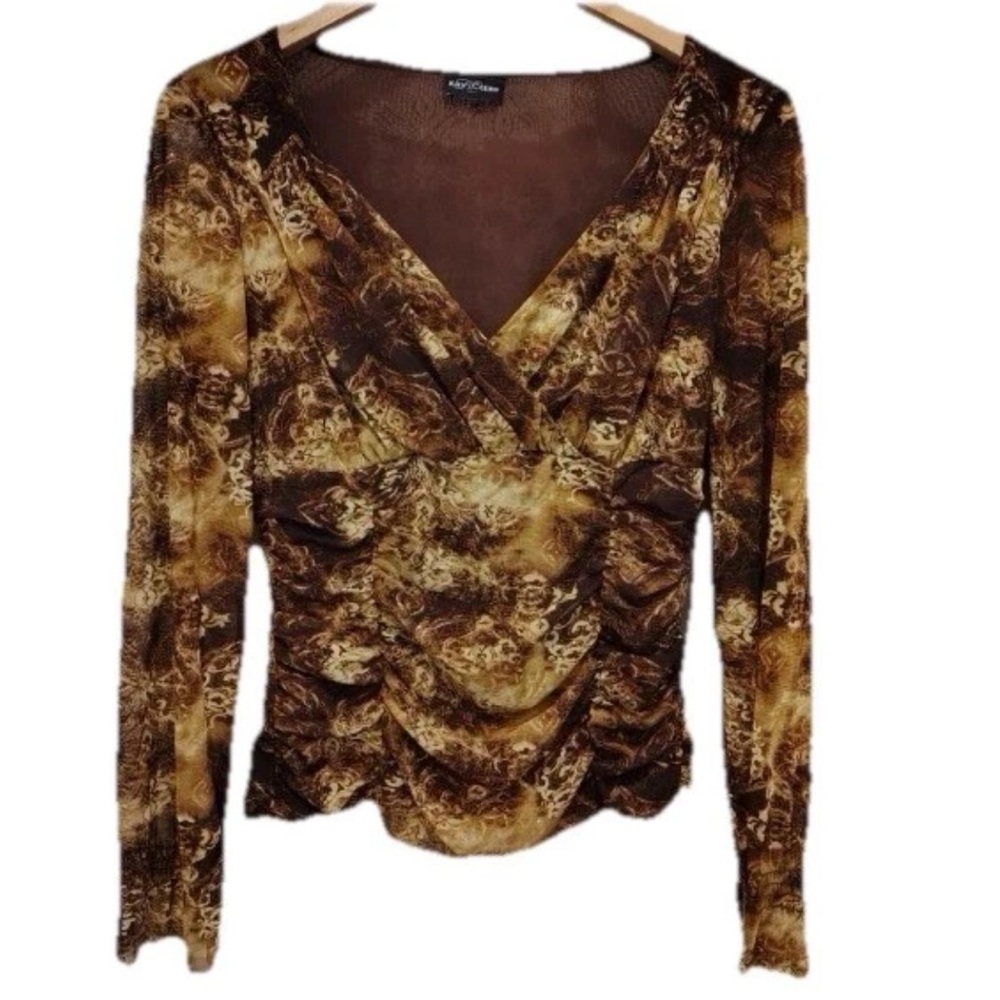 Vtg Y2K Mesh Long Sleeve Brown Sparkle Whimsigoth Top Ruched Fairycore Women Xs